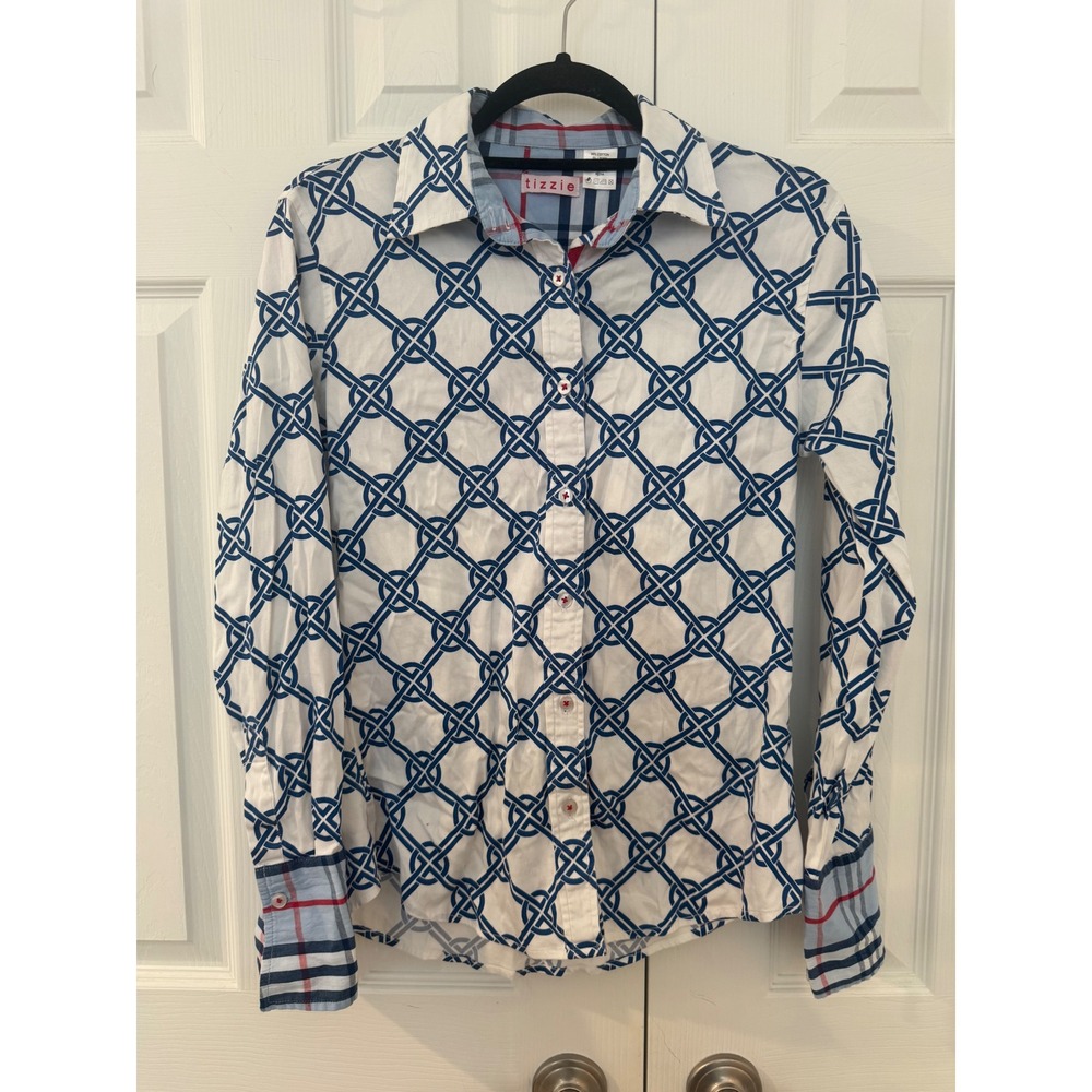 Tizzie Womens Small Blue White Geometric Circle Print Plaid Trim Button Up Shirt